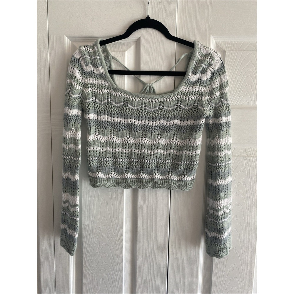 Aqua‎ Blues Pointelle Knit Striped Crop Sweater Womens Size M Sage Green Cotton
